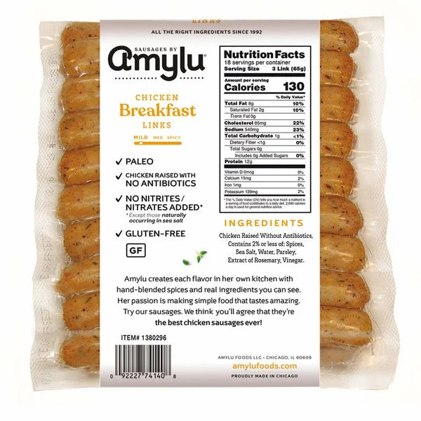 Amylu Chicken Breakfast Sausage Links, 2.5 lbs