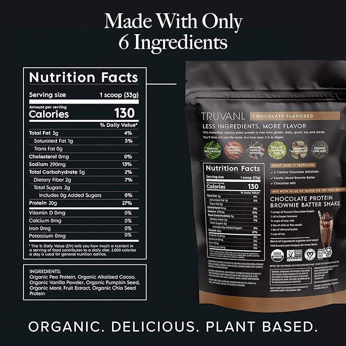 Truvani Organic Chocolate Plant Based Protein, 11.82 oz