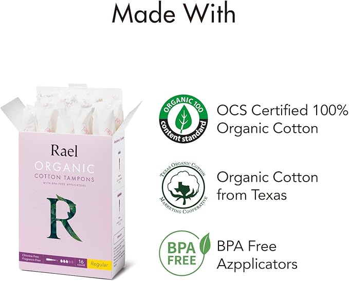 Rael Organic Regular Cotton Tampons, 16 Count