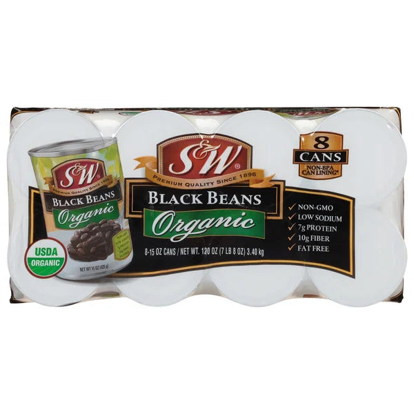 S&W Organic Black Beans 8 ct, 15 oz