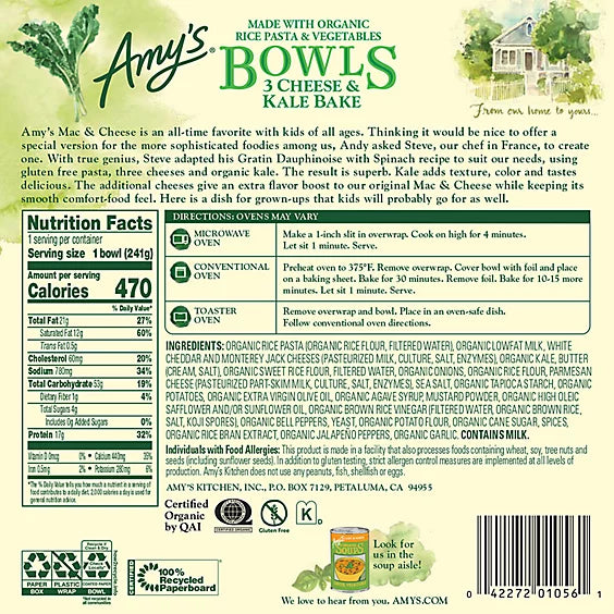 Amy's Three Cheese Kale Bake Bowl, 8.5 oz