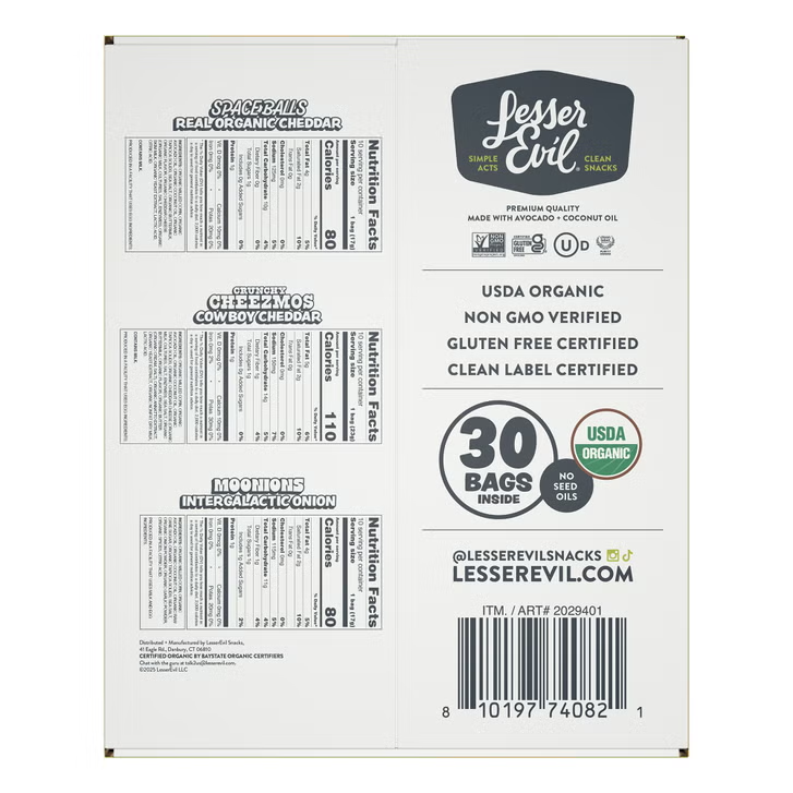 Lesser Evil Organic Snacks, Variety Pack, 30-count