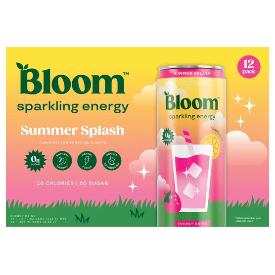 Bloom Sparkling Energy Drink, Summer Splash, 12 fl oz, 12-count