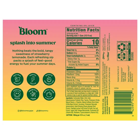 Bloom Sparkling Energy Drink, Summer Splash, 12 fl oz, 12-count