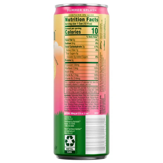 Bloom Sparkling Energy Drink, Summer Splash, 12 fl oz, 12-count