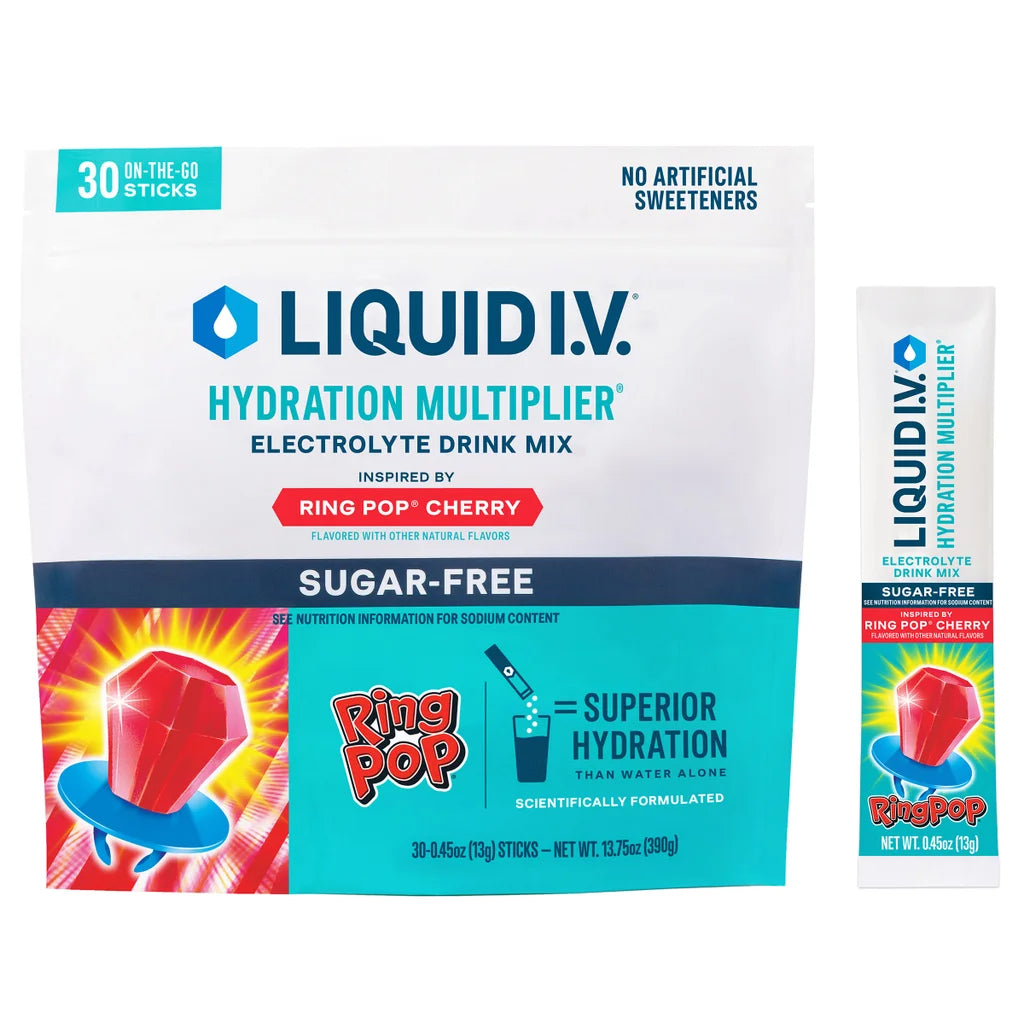 Liquid I.V. Hydration Multiplier, 30 Individual Serving Stick Packs in Resealable Pouch, Sugar Free, Ring Pop Cherry