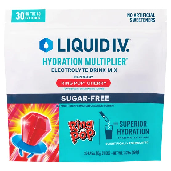 Liquid I.V. Hydration Multiplier, 30 Individual Serving Stick Packs in Resealable Pouch, Sugar Free, Ring Pop Cherry