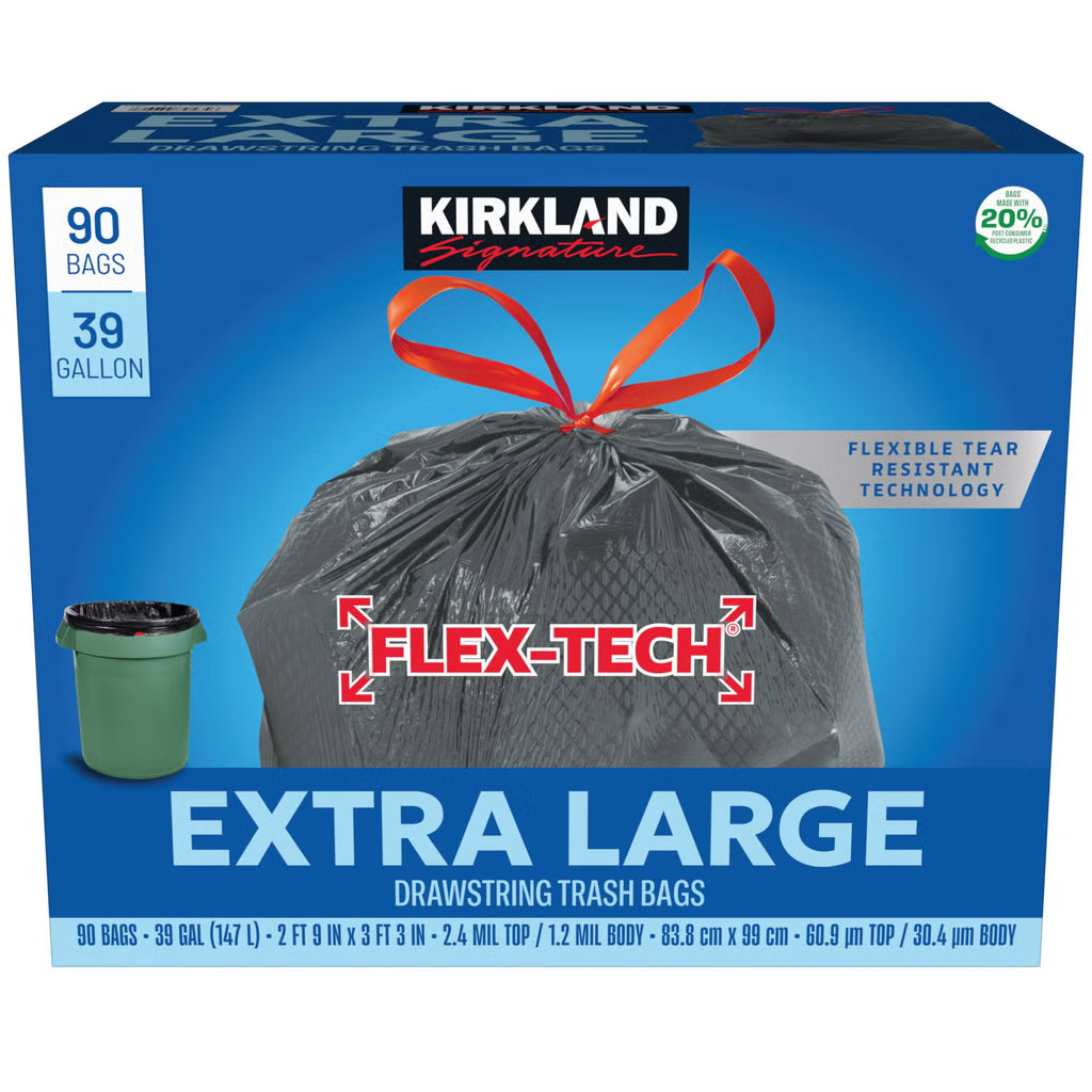 Kirkland Signature 39-Gallon Flex-Tech Extra Large Drawstring Trash Bags, 90-count