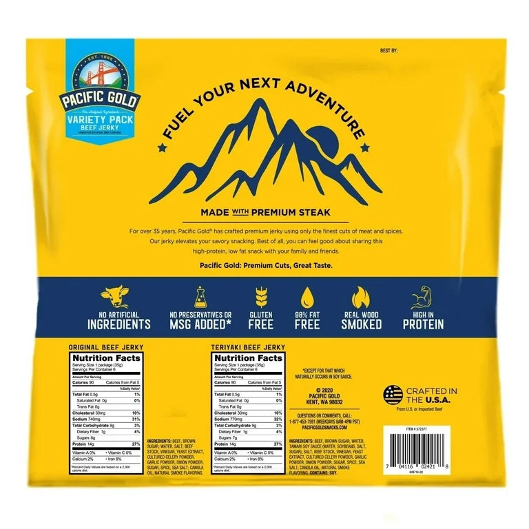 Pacific Gold Beef Jerky, Variety Pack, 15 oz, 12-count