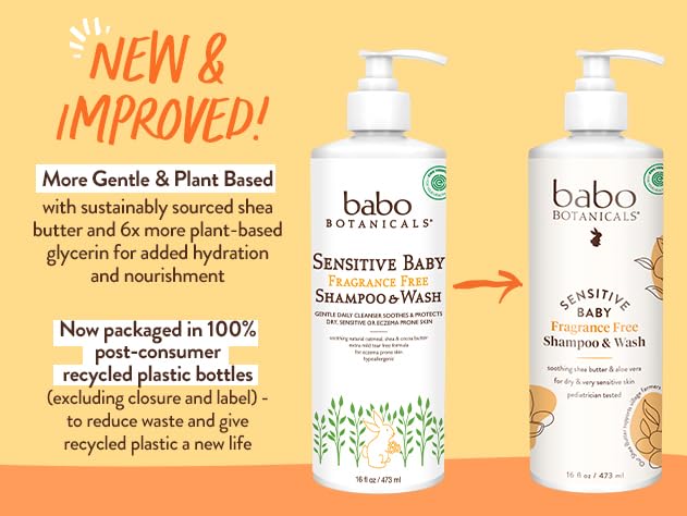 Babo Botanicals Sensitive Baby Fragrance-Free 2-in-1 Shampoo & Wash 16 oz