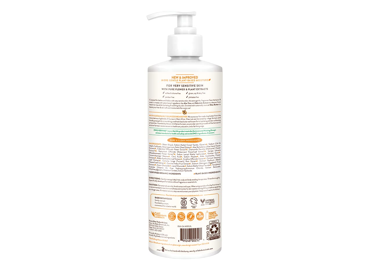 Babo Botanicals Sensitive Baby Fragrance-Free 2-in-1 Shampoo & Wash 16 oz