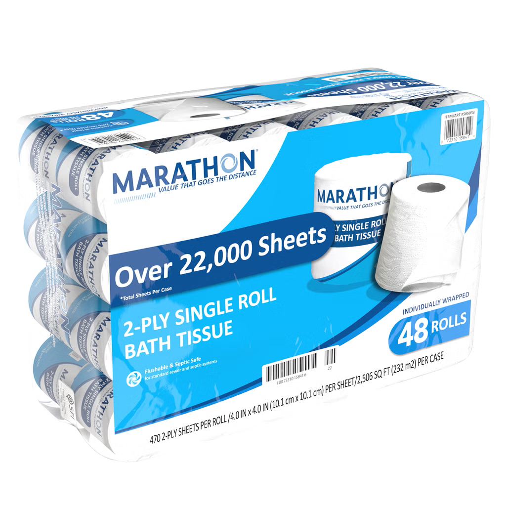 Marathon Bath Tissue, Standard Roll, 2-Ply, 4" x 4", 470 Sheets, 48 ct