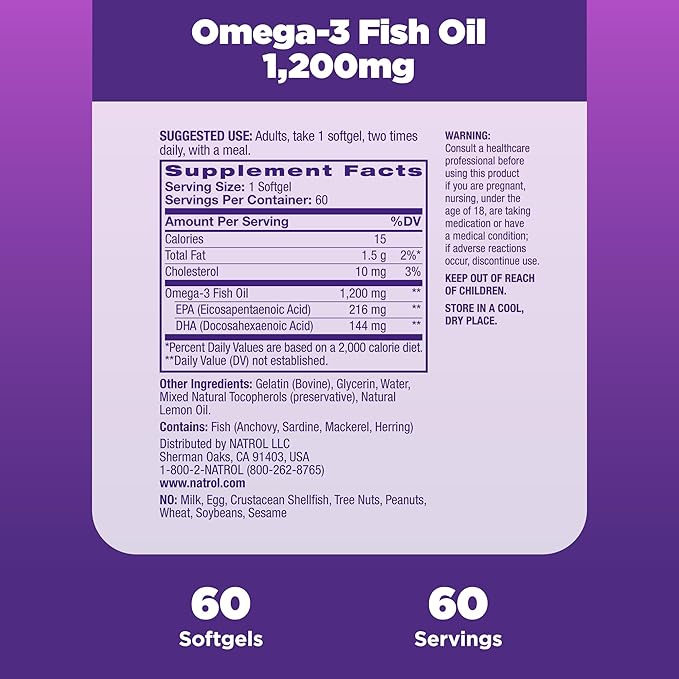 Natrol Omega-3 Fish Oil 1200 mg Softgels, 60 Count