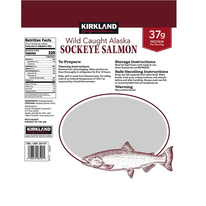 Kirkland Signature Wild Alaskan Sockeye Salmon 5 oz - 7 oz Portion, 3 lbs