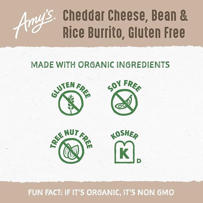 Amy's Organic Gluten Free Cheddar Cheese Burrito with Beans and Rice, 5.5 oz