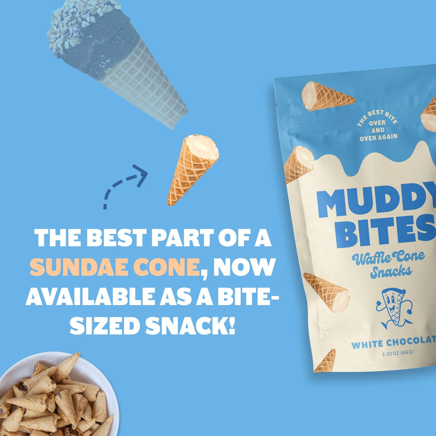 Muddy Bites White Chocolate Bite-Sized Waffle Cones Snacks, 2.33 oz