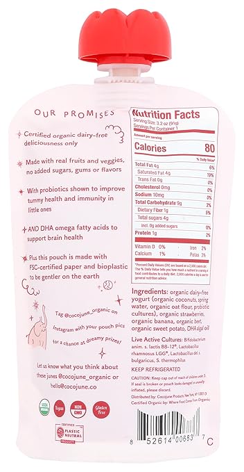 Cocojune Organic Strawberry Kids Pouch Coconut Yogurt, 3.2 oz