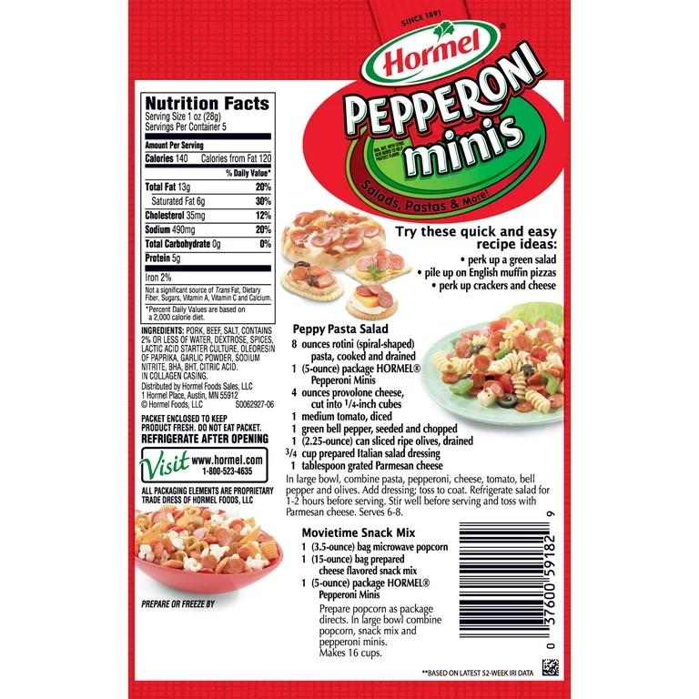 HORMEL, Pepperoni Minis, Pizza Topping, Gluten Free, Original, 5 Oz Bag