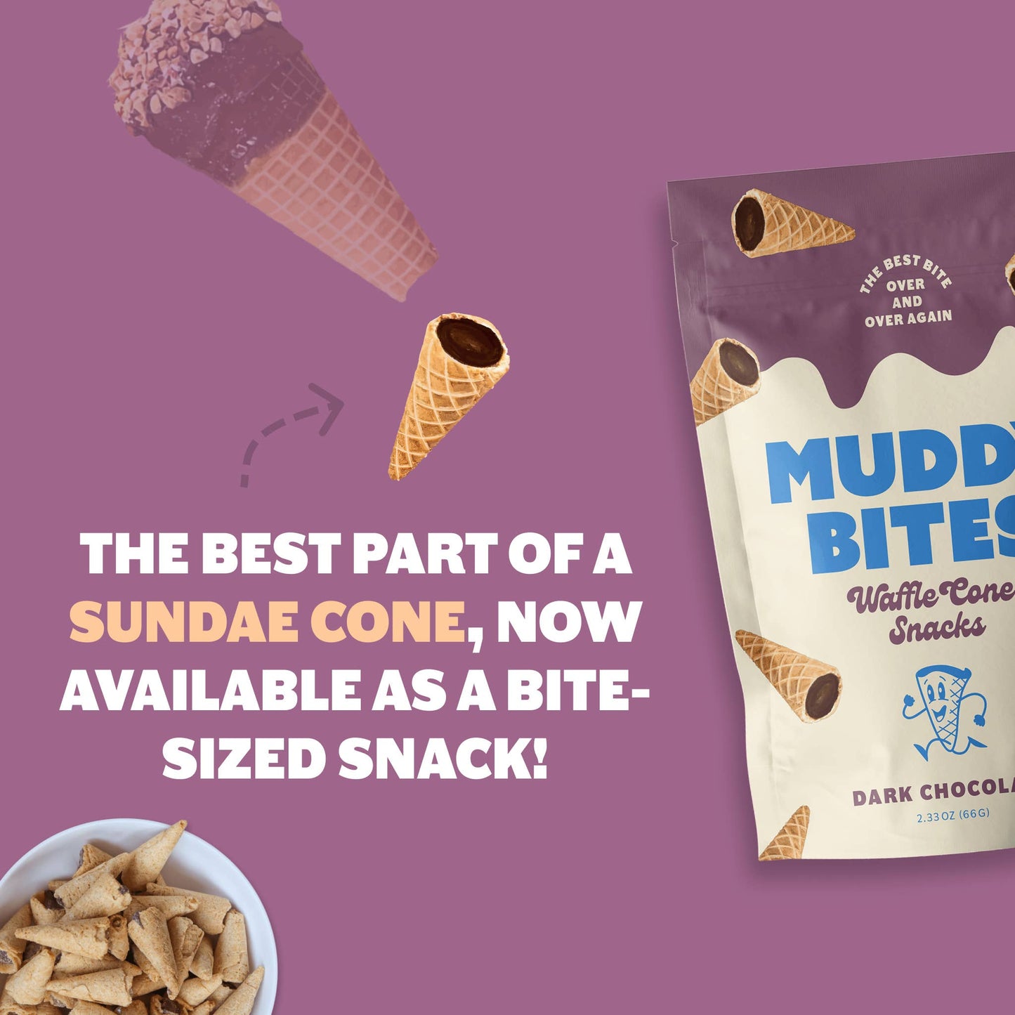 Muddy Bites Dark Chocolate Bite-Sized Waffle Cones Snacks, 2.33 oz