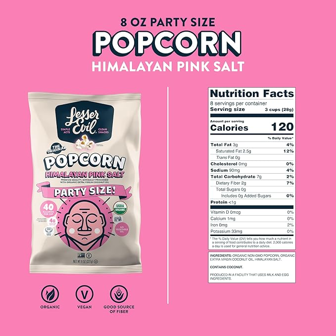 Lesser Evil Organic Himalayan Pink Salt Popcorn, 8 oz