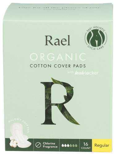 Rael Organic Regular Cotton Cover Pads, 16 Count