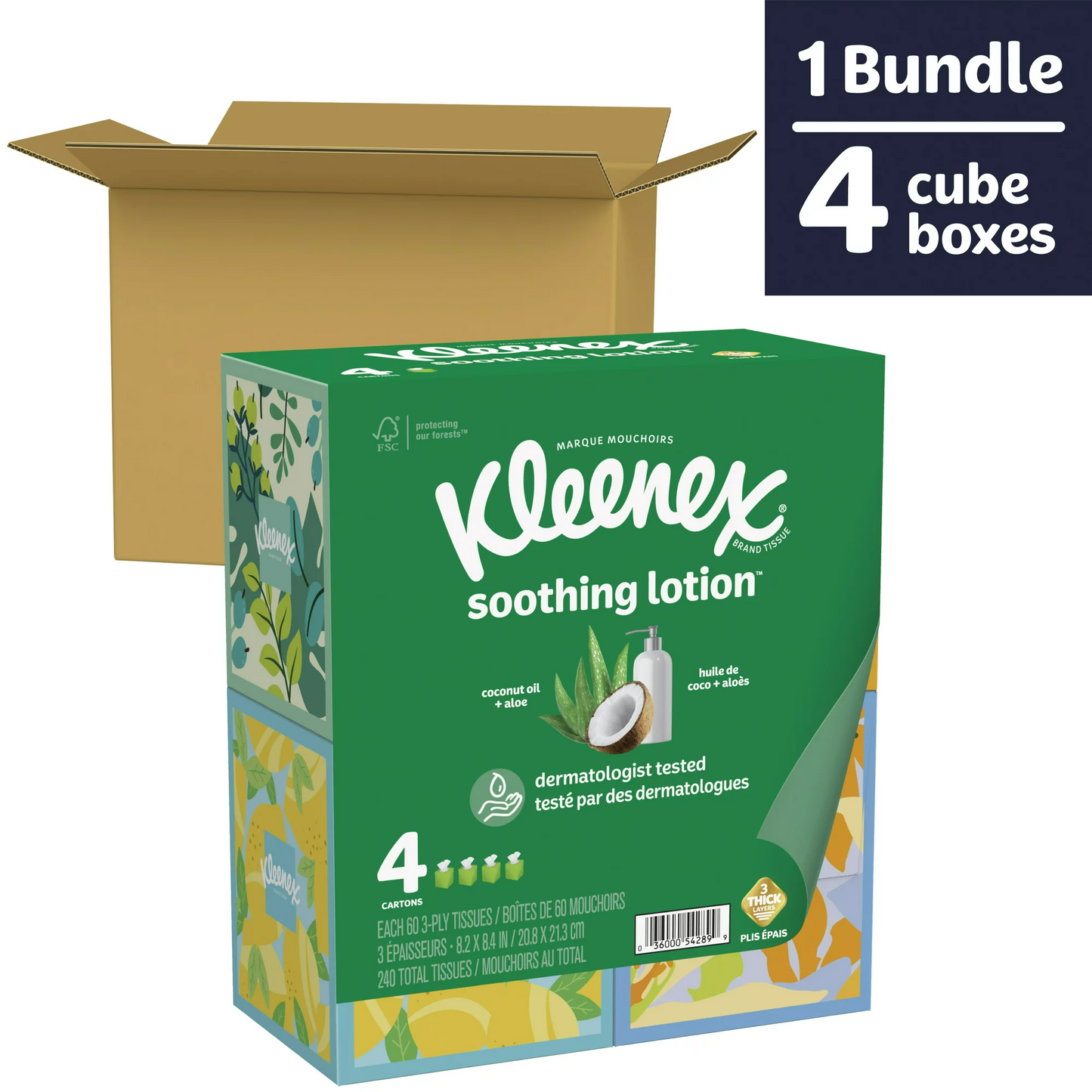 Kleenex Soothing Lotion Coconut Oil Facial Tissues, 4 Cube Boxes, 60 White Tissues per Box