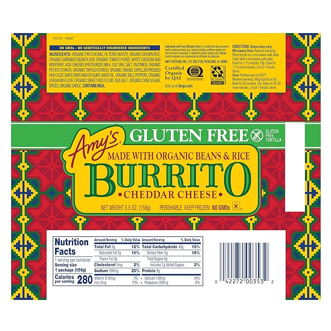 Amy's Organic Gluten Free Cheddar Cheese Burrito with Beans and Rice, 5.5 oz