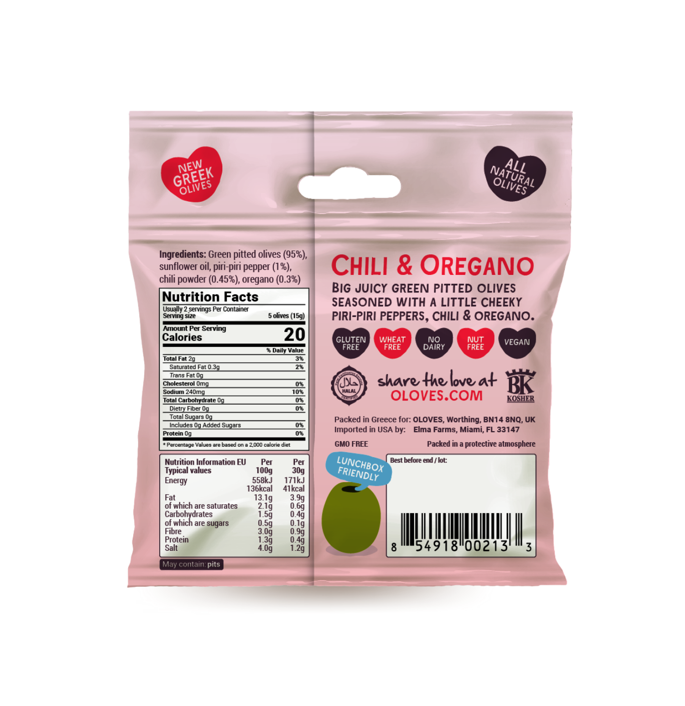 Oloves, Chili & Oregano Pitted Green Olives, 1.1 oz