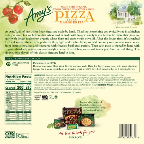 Amy's Frozen Pizza Vegan Margherita Pizza Made With Organic Vegan Cheese, Tomatoes and Basil, 13.5 oz