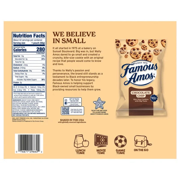 Famous Amos Cookies, Chocolate Chip, 2 oz, 42 ct