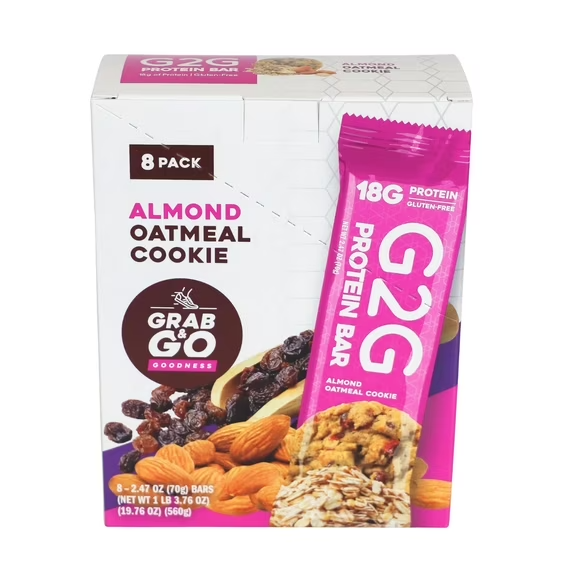 G2G Almond Oatmeal Cookie Protein Bar, 2.47 oz, 8-count