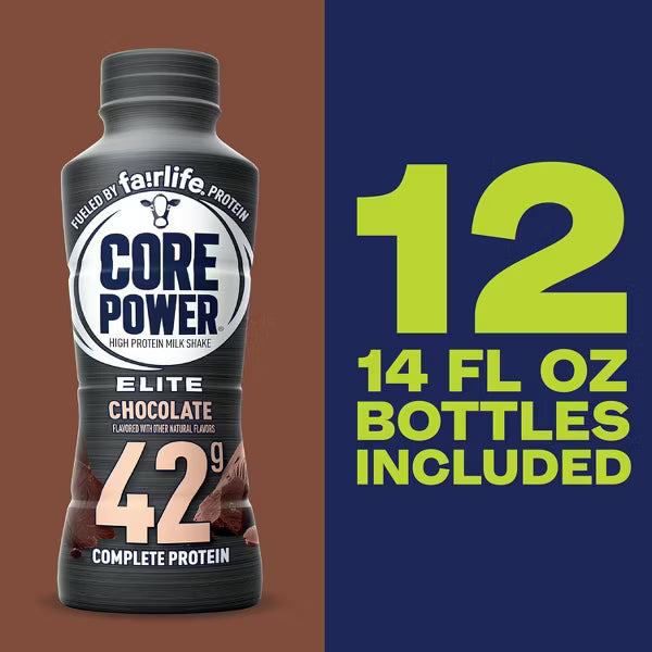 Core Power Elite High Protein Shake with 42g Protein by fairlife Milk, Chocolate, 14 fl oz, 12 count