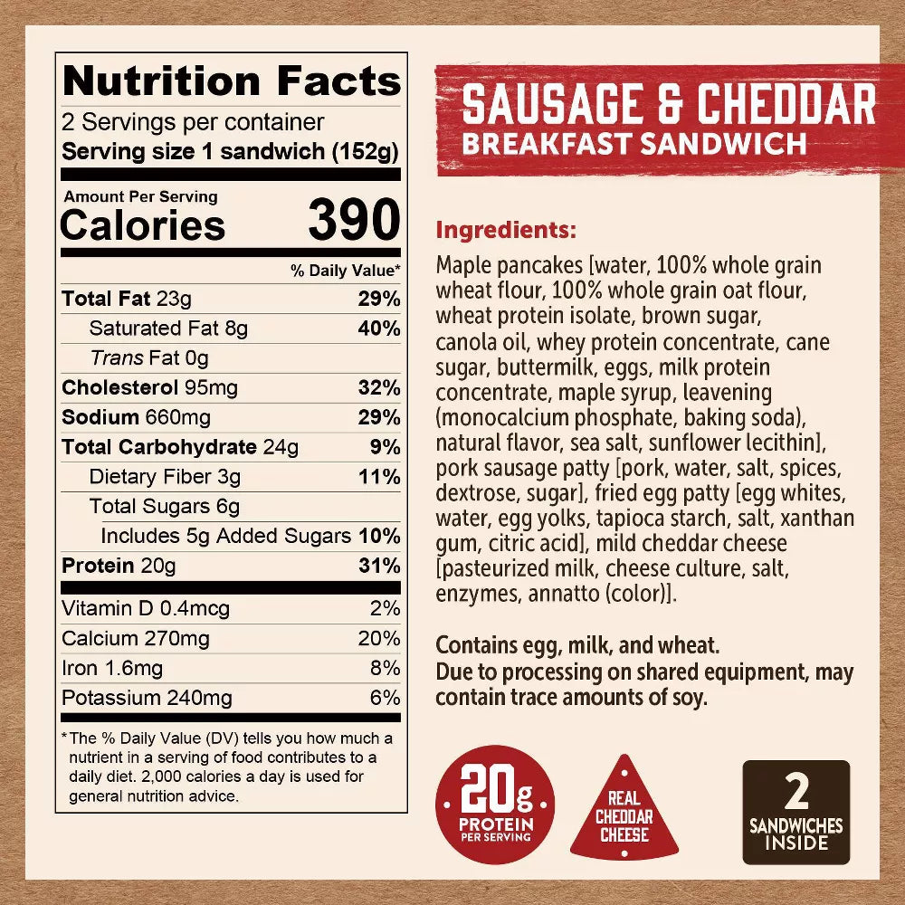 Kodiak Cakes Frozen Breakfast Sandwich Sausage and Cheddar Cheese, 0.72 oz, 2ct