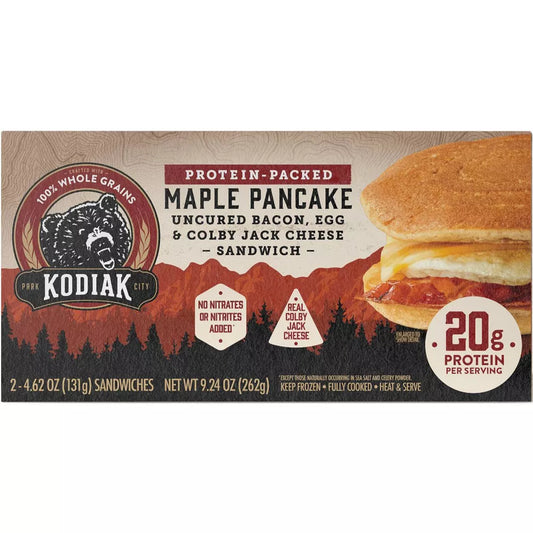 Kodiak Cakes Frozen Breakfast Sandwich Bacon and Colby Jack Cheese, 9.24 oz, 2 ct