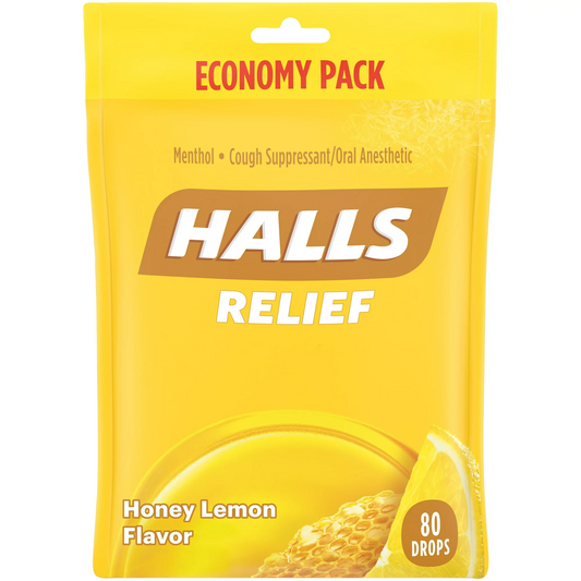 HALLS Relief Honey Lemon Cough Drops, Economy Pack, 80 Drops