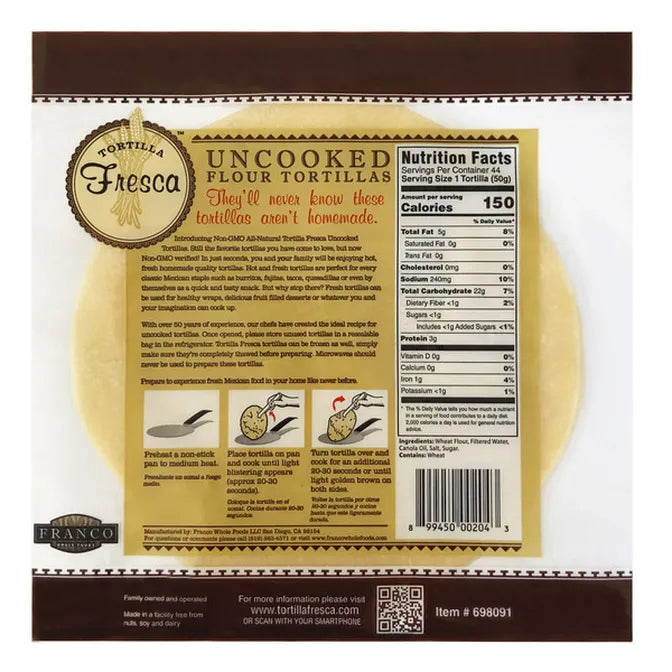 Franco Foods Tortilla Fresca Non GMO Uncooked Flour Tortillas Preservative Free 44ct, 78 oz