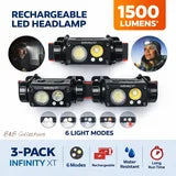 Infinity XT Rechargeable LED Headlamp, 1500 Lumens, 6 Light Modes, Water Resistant, 3-Pack