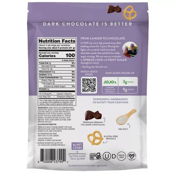 JOJO's Dark Chocolate Covered Pretzels, 3 oz