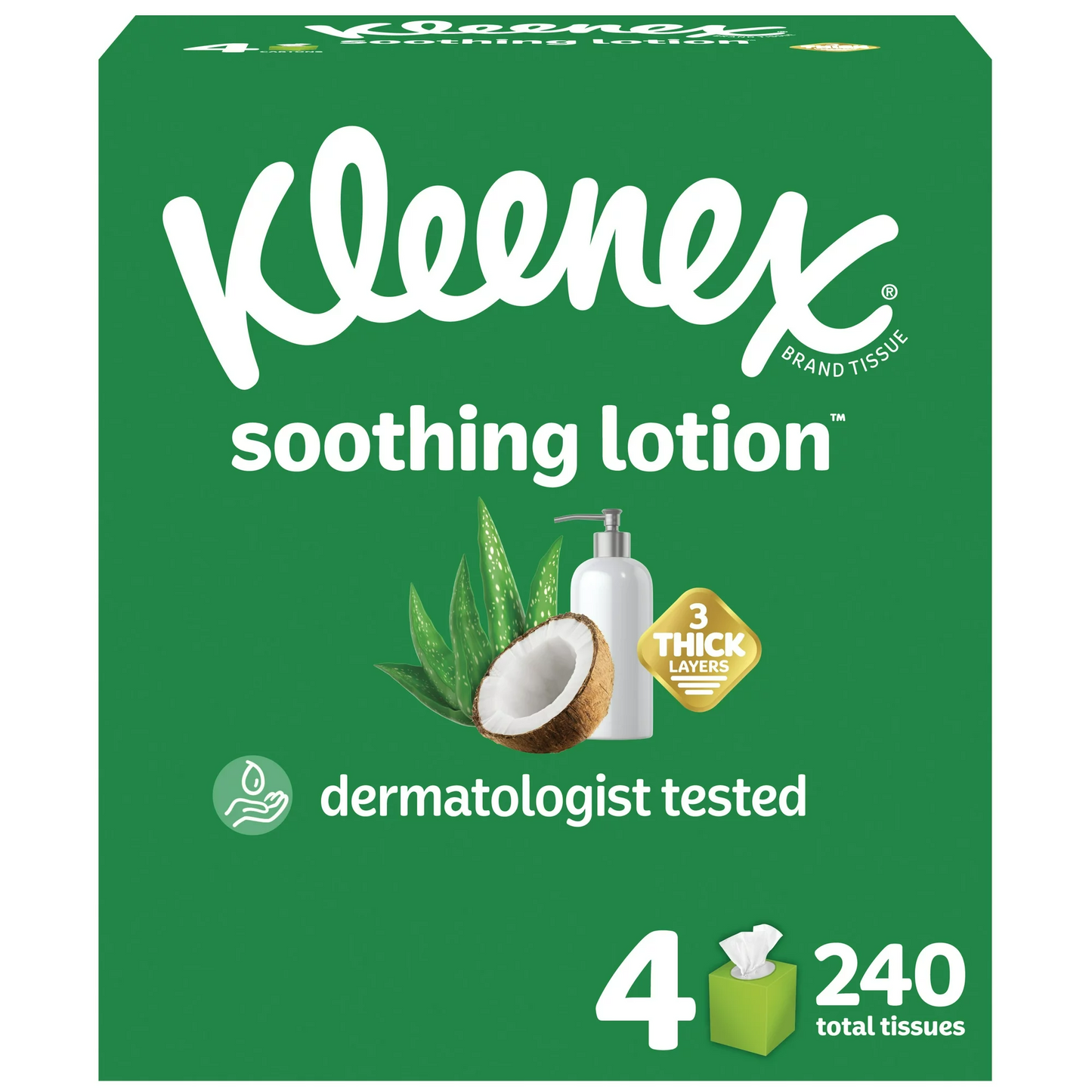 Kleenex Soothing Lotion Coconut Oil Facial Tissues, 4 Cube Boxes, 60 White Tissues per Box