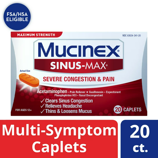 Maximum Strength Mucinex Sinus-Max Severe Congestion & Pain, Sinus Symptom Relief, Pain Reliever, Expectorant and Nasal Decongestant, 20 Caplets