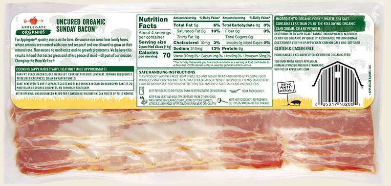 Applegate Organic Sliced Hickory Smoked Uncured Sunday Bacon, 8 oz