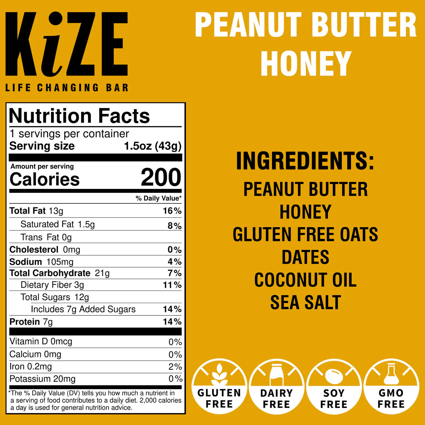 Kize Peanut Butter Honey Bar 1.5 oz