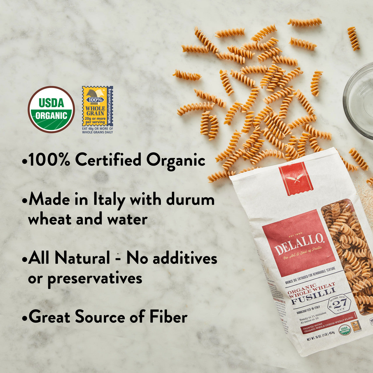 DeLallo Organic Whole Wheat Fusilli, 16 oz