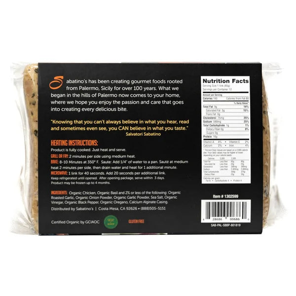 Sabatino's Paleo Organic Chicken Sausage Basil & Cracked Black Pepper, 32 oz