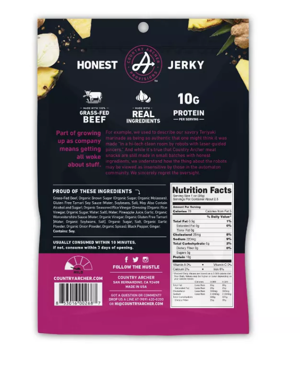 Country Archer All Natural Grass Fed Teriyaki Beef Jerky, 2.5 oz