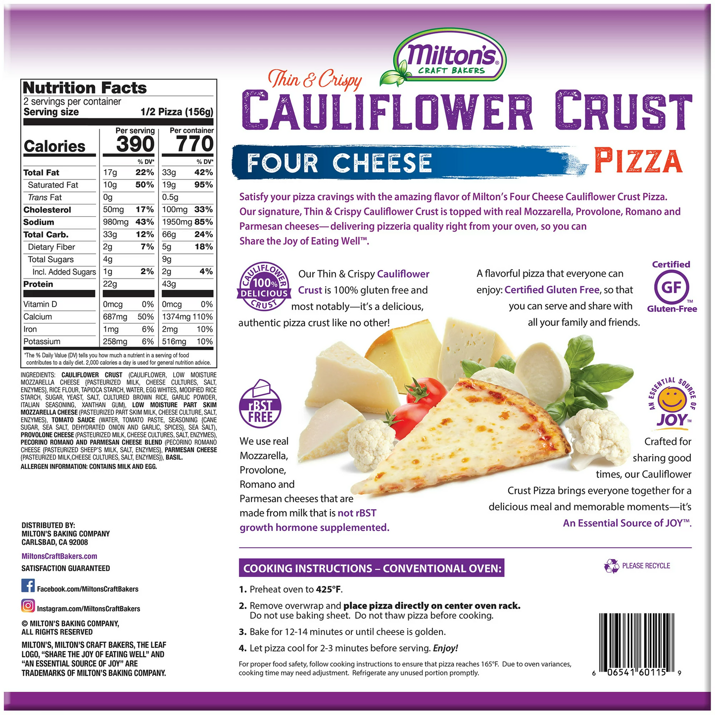 Milton's Four Cheese Cauliflower Thin Crust Pizza, 11oz(Frozen)