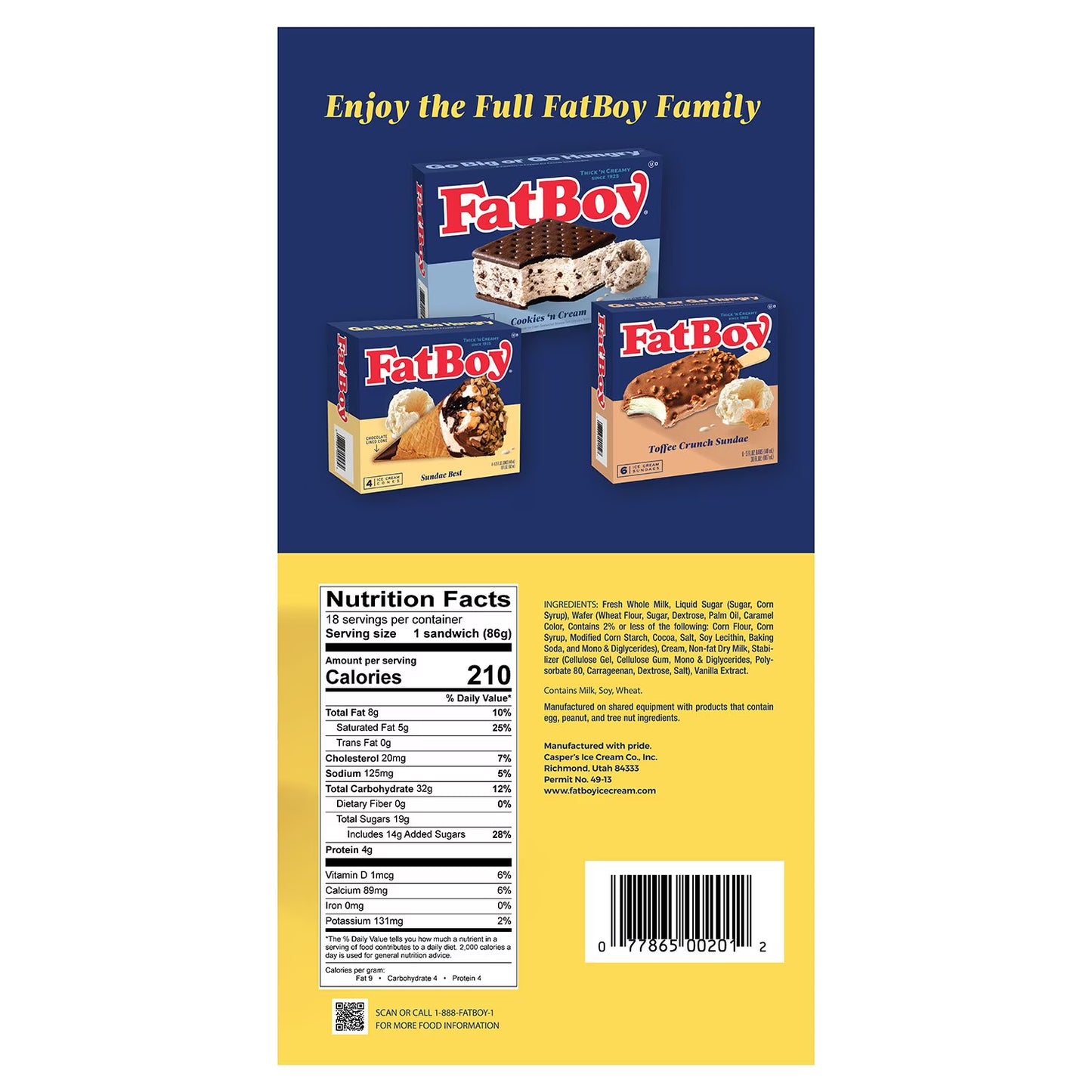 FatBoy Premium Vanilla Ice Cream Sandwich, Frozen 18 ct.