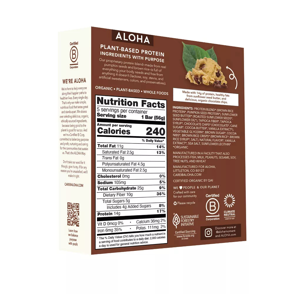 Aloha Chocolate Chip Cookie Dough Nutrition Bars, 9.88 oz