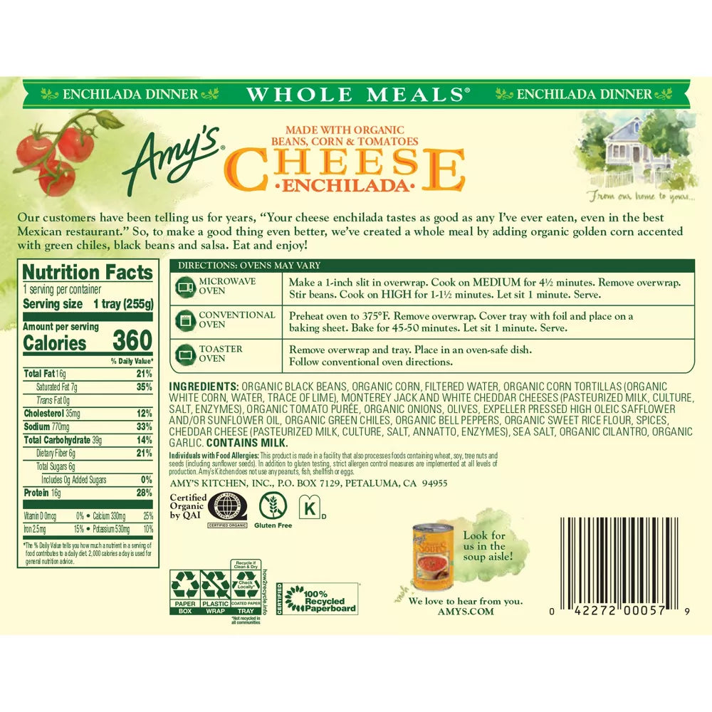 Amy's Gluten Free Frozen Cheese Enchilada Meal, 9 oz