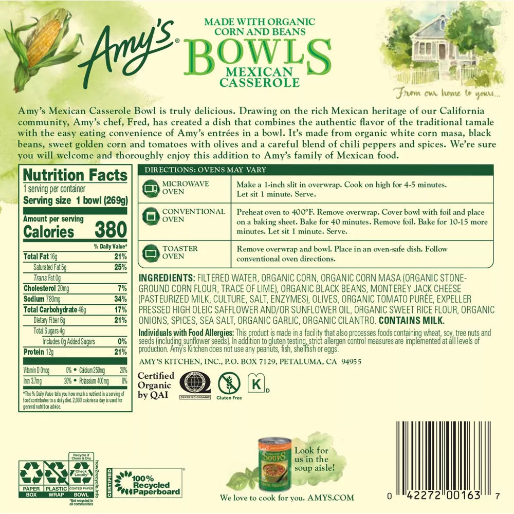 Amy's Frozen Bowls Mexican Casserole Gluten Free, 9.5 oz